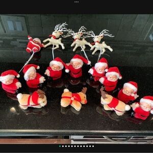 VINTAGE FLOCKED BLOW XMAS ORNAMENTS SANTA CLAUS, REINDEER, MOUSE, Set 15 (1950)